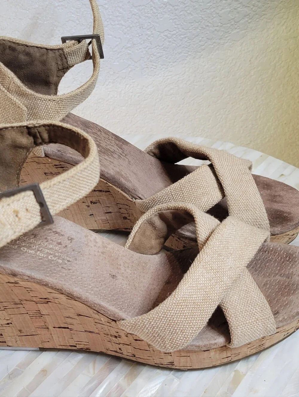 Toms Natural Canvas Crisscross Wedge Sandals Size 7W